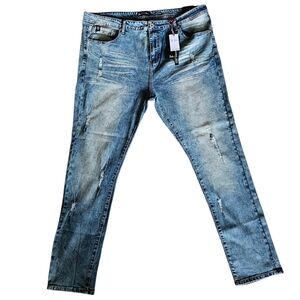 Men's Blue Slim Taper Fit Distressed Jeans with Fading